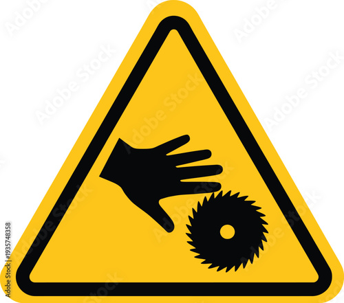 Warning automatic start up sign, rotating blade danger icon, saw hand injury hazard symbol