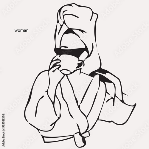 Minimalist line art vector of stylish woman in bathrobe with towel and sunglasses, holding cup, symbolizing leisure and self‑care