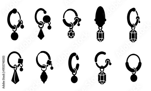 Earring Jewelry Vector Icon Illustration Silhouette Set for Fashion Retail Branding Modern Hanging Accessory Design for Web Print