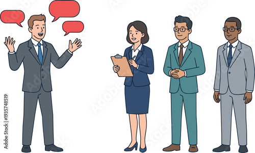 Four business people in suits standing and talking in an office setting