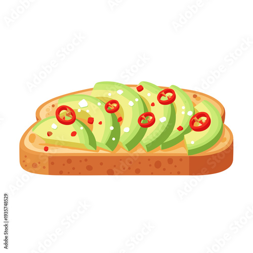 A slice of avocado toast topped with a few red chili flakes. Modern flat vector illustration on a transparent background.