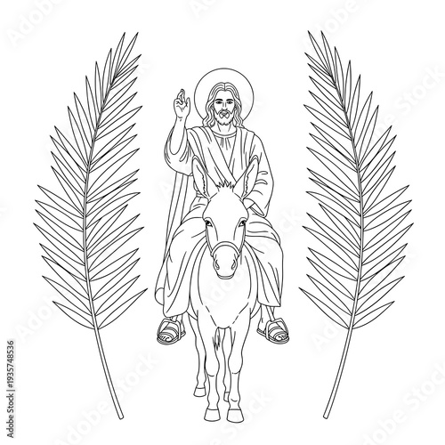 A linear illustration of Jesus Christ riding a donkey, entering Jerusalem on Palm Sunday. Two large palm branches frame the composition.