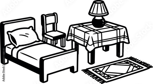 Line art perspective bed chair table lamp rug simple bedroom scene with pillow blanket checkered tablecloth cozy mood monochrome vector