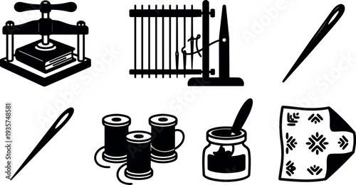 Flat vector sewing tool icon set close up press loom needles spools jar fabric pattern arranged on white background studio