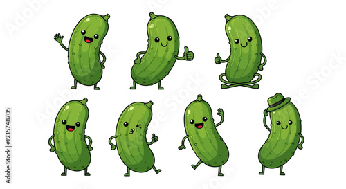 Seven happy pickles dancing and waving with joyful expressions