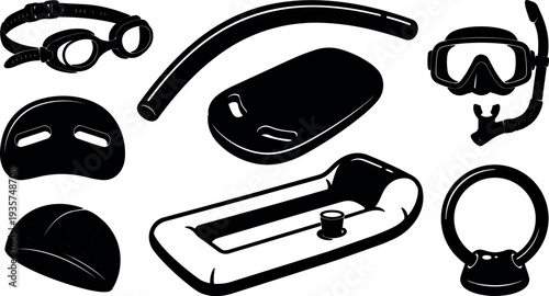 Flat design top view black swim and snorkel gear set with goggles snorkel mask raft kickboard swim cap inflatable ring