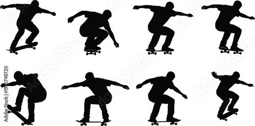 Skateboarder silhouettes collection showing different skateboarding tricks and jump poses extreme sport athlete action vector illustration isolated black set