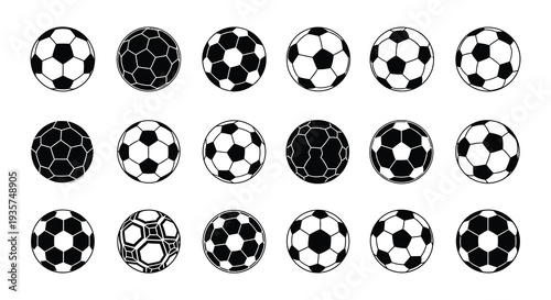 Collection of black and white soccer balls in various designs