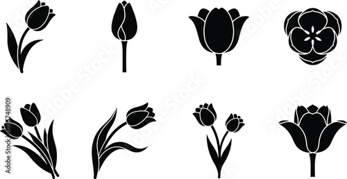 Set of black silhouette floral vector illustrations featuring various tulip designs and flower arrangements