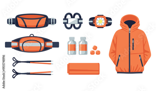 Essential gear for outdoor running: jacket, hydration belt, energy pills, watch, and more
