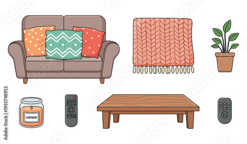 Cozy living room setup with sofa, cushions, blanket, plant, candles, and coffee table