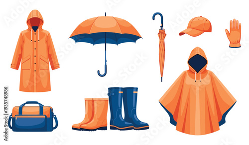 Collection of orange rain gear: coat, boots, umbrella, poncho