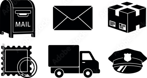 Flat design mail and delivery icon set showing mailbox envelope package stamp truck police cap close up simple black silhouette