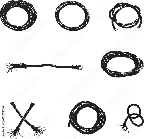 Blue ropes in various knots and coils on white background for industrial or nautical use
