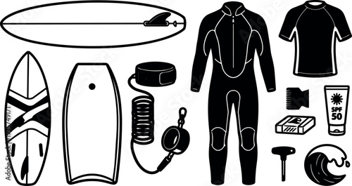 Line art vector surf gear layout with wetsuit surfboards leash wax rash guard sunscreen close up top view black icons