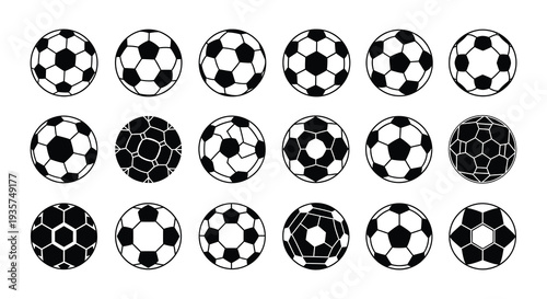 Collection of black and white soccer balls in various designs