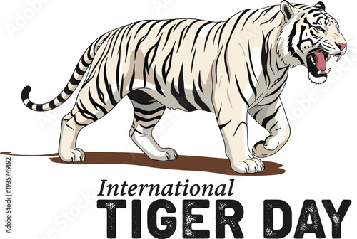 International Tiger Day vector illustration featuring roaring white tiger with typography design isolated on white background for awareness