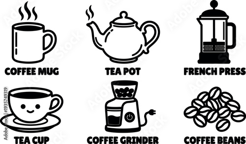 Line art coffee and tea icon set showing smiling tea cup coffee mug teapot french press coffee grinder coffee beans