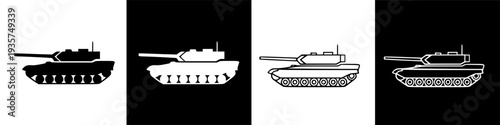 Modern Military Tank Icon Set on Black Background for Combat and Defense Concepts