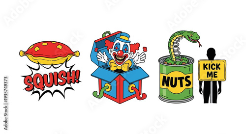 Vibrant cartoon illustrations of playful pranks and humor