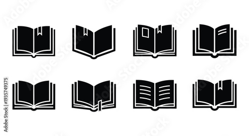 Collection of black silhouette icons depicting open books in various styles