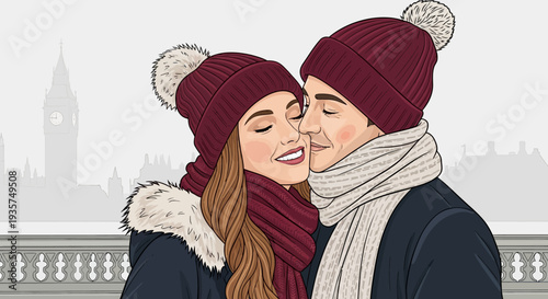 A loving couple dressed in cozy winter attire shares a tender kiss against a subtly illustrated European city backdrop, evoking warmth and romance.