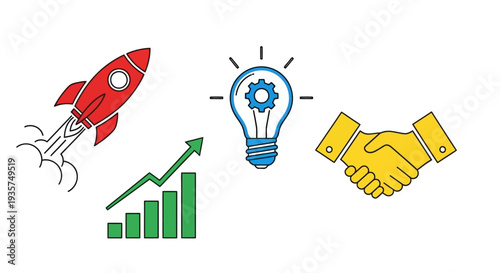 Business growth and innovation concept with rocket, lightbulb, handshake