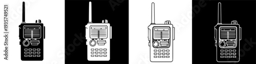Two walkie talkies are shown side by side on a black background illustration