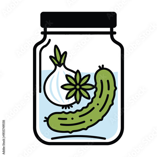 Illustrated jar of preserved vegetables featuring a whole onion with star shaped cross section and a cucumber submerged in clear liquid for homemade pickling or canning