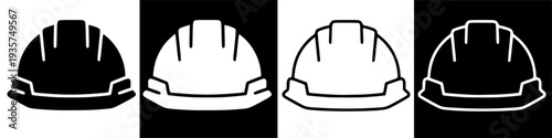 Hard hat icons displayed prominently on black background in simple illustration style, helm reference visible.