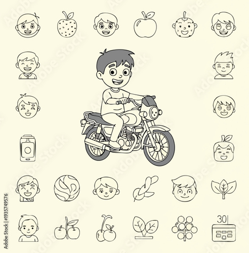 Joyride: A young boy, depicted in an illustration, joyfully rides a motorcycle, surrounded by icons symbolizing healthy choices and youthful vitality. 