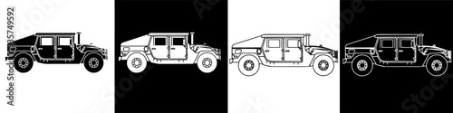 Military vehicles illustration set on black background, humvee style, side views, white outline, defense transport
