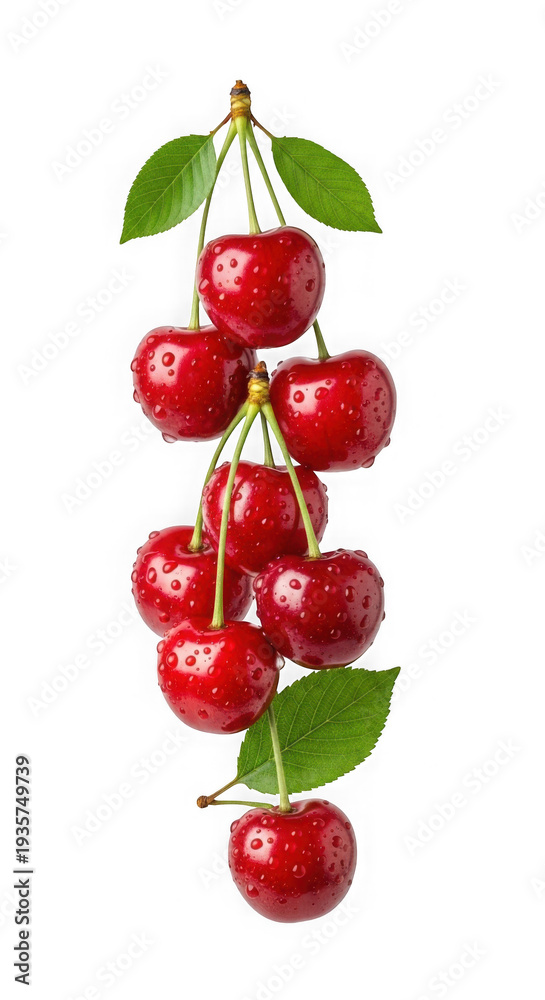Obraz premium Bunch of ripe red cherries with green leaves isolated on transparent background