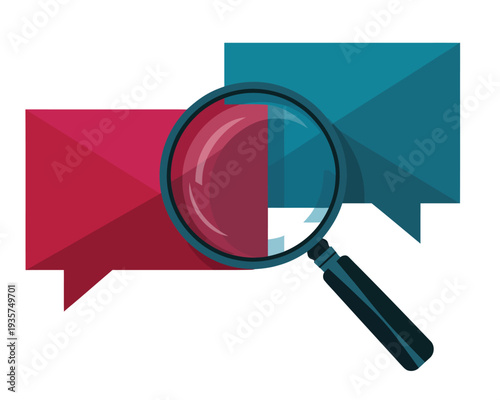 Magnifying glass over two colorful speech bubbles, representing communication analysis and discussion.