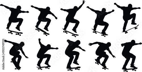 Skateboarder silhouettes performing jump tricks and skateboarding stunts, extreme sport athlete action poses isolated vector collection for urban street sports