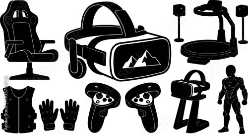Flat design top down collection of virtual reality headset controllers haptic vest gloves omnidirectional treadmill and gaming chair silhouettes mannequin