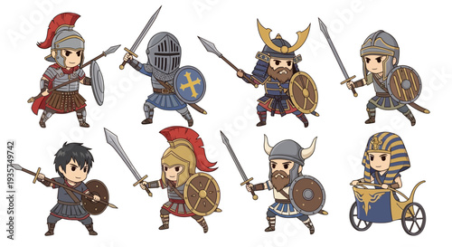 Cartoon warriors from different eras ready for battle