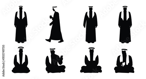 Silhouettes of arab men wearing traditional headdress and clothing