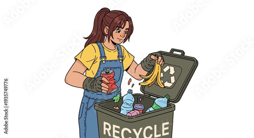 Woman recycling with a big smile, actively sorting waste