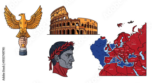 Ancient Rome symbols and map with Colosseum, eagle, and Julius Caesar