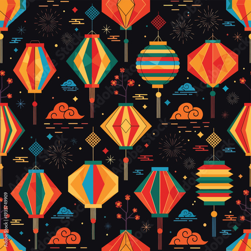 Colorful Lanterns Pattern on Black Background.