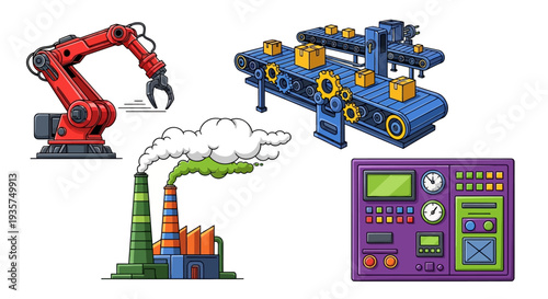 Industrial automation and manufacturing process with robotic arm, conveyor belt, factory smokestacks, and control panel