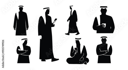 Silhouettes of arab men wearing traditional headdress and clothing