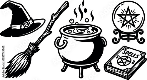 Tattoo flash witchcraft icons set witch hat broomstick cauldron crystal ball spell book vector line art bold black retro illustration