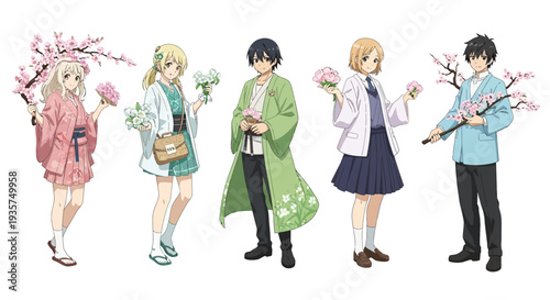 Vibrant anime characters celebrating spring with flowers and traditional attire