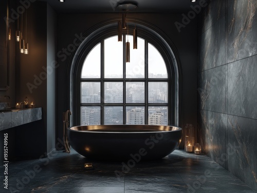 Dark bathroom features arched window. Gold-tinted bathtub sits center. Modern chandelier hangs above. Candles glow softly beside tub. Stone walls and floor add texture