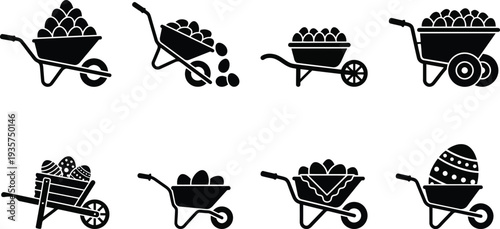 Vector illustration of wheelbarrows transporting various types of eggs in unique designs