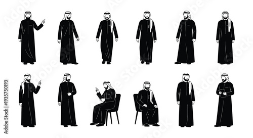 Silhouettes of arab men in traditional clothing various poses