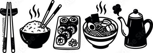 Line art vector of chopsticks steaming rice bowl sushi tray ramen bowl and teapot simple black white composition