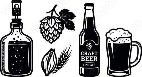 Line art close up hops barley bottle and frothy beer mug arranged for craft brewing label flat vector icon set